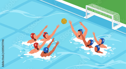 Obraz na płótnie Water Polo Game Action Scene with Players Competing for Ball in Pool