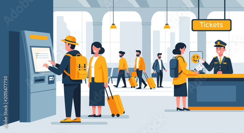 People buying tickets at train station kiosk and counter, travel concept