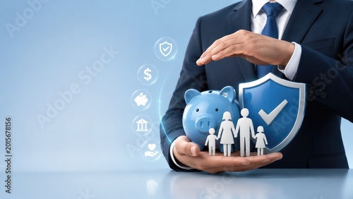 Insurance protection and financial security concept with businessman holding family shield piggy bank and savings icons