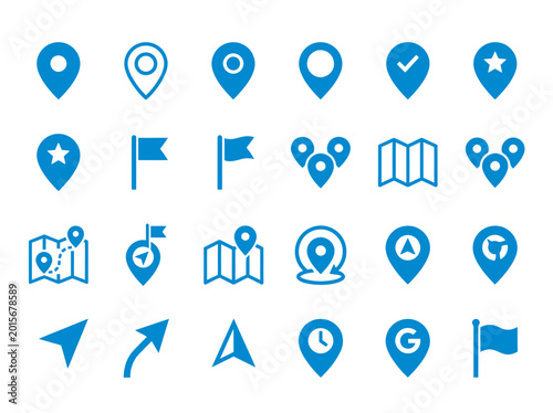 Obraz na płótnie Blue Vector Map Icon Collection with Markers Flags Folded Maps and Compass Arrows for Interface Design