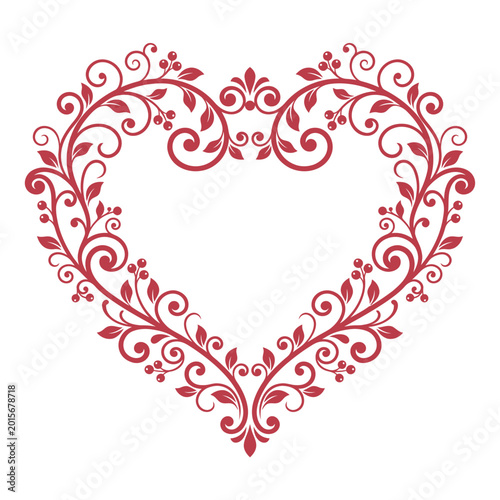 Decorative Red Lace Filigree Heart Frame Vector Illustration Featuring Elegant Vine Flourishes and Berries for Classic Romantic Designs