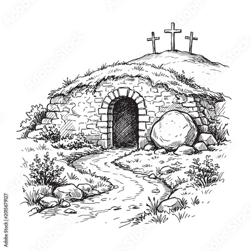 Hand Drawn Sketch of Jesus Christ Empty Tomb with Three Crosses on Calvary Hill Background Representing Resurrection and Easter Sunday