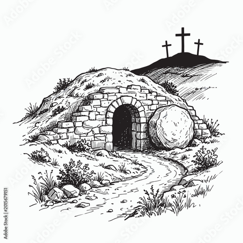 Fine Ink Sketch Illustration of the Empty Tomb of Jesus Christ on Easter Morning with Three Crosses Atop the Distant Mountain Hill
