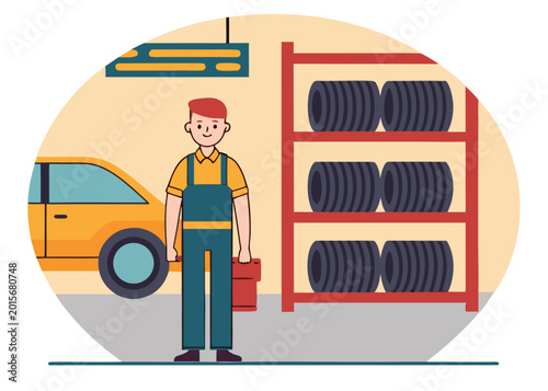 A professional mechanic in teal overalls and a yellow shirt stands holding a red toolbox next to a car and a rack of tires.