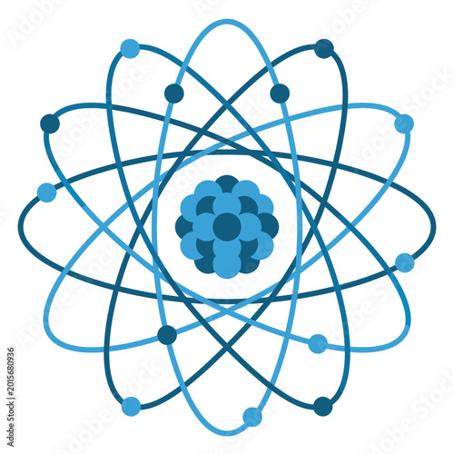 Fotografía Atomic model with nucleus and orbiting electrons, vector graphic representing physics, chemistry, and scientific research concepts