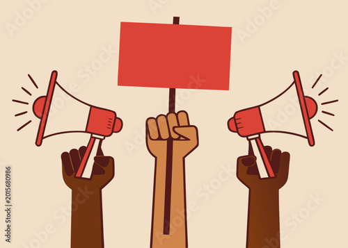 Diverse hands holding a red placard and megaphones in demonstration.