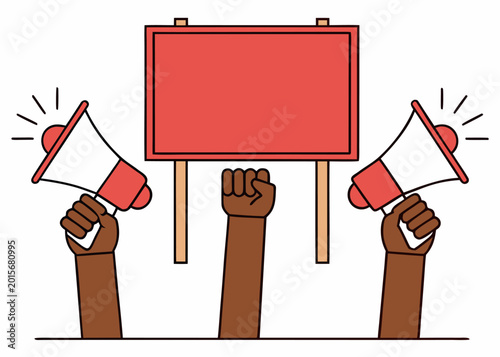 Dark skinned hands holding a red sign and megaphones for activism.