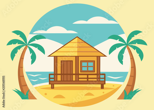 A wooden beach hut with a yellow pitched roof sits on a sandy shore between two palm trees overlooking a blue ocean within a circular frame.