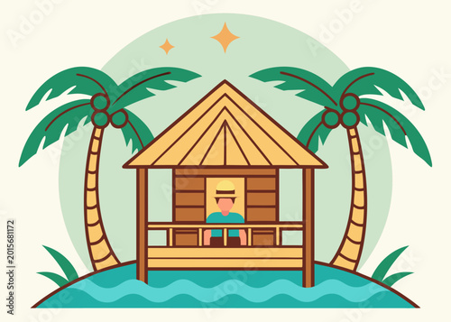 A person wearing a hat stands inside a wooden hut on a small tropical island surrounded by two coconut palm trees and blue wavy water.
