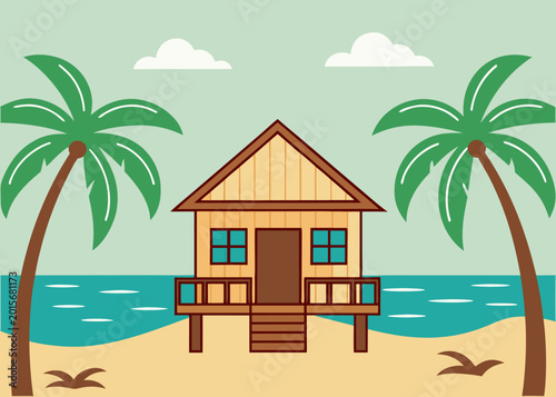 A simple tan wooden hut with two blue windows stands on a sandy beach flanked by two palm trees under a pale green sky with white clouds.