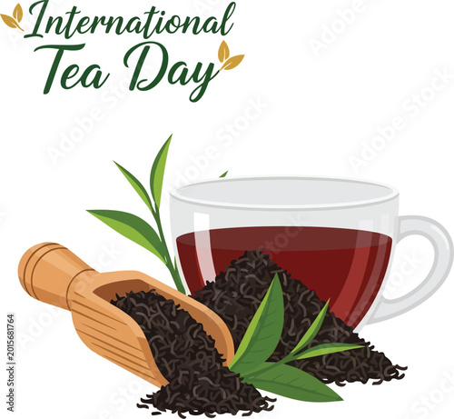 International Tea Day celebration card with a cup of hot black tea and fresh green tea leaves with a wooden scoop