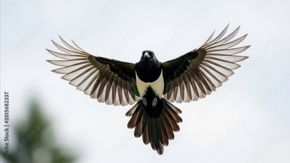 Fototapeta premium Animal - Australian Magpie in Full Flight with Wings Spread Wide Against Overcast Sky Front View