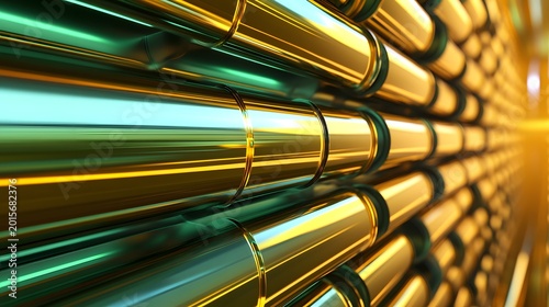 Golden industrial pipes in perspective, metallic pipeline infrastructure with reflective surfaces, shiny brass tubes for energy and oil industry
