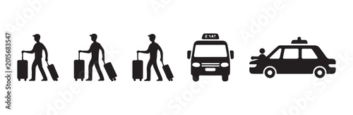 Foto Set of travel icons with tourists and taxi cabs in profile.