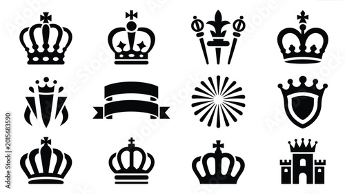 Photography Vector illustration of various crown and royal symbols including crests shields