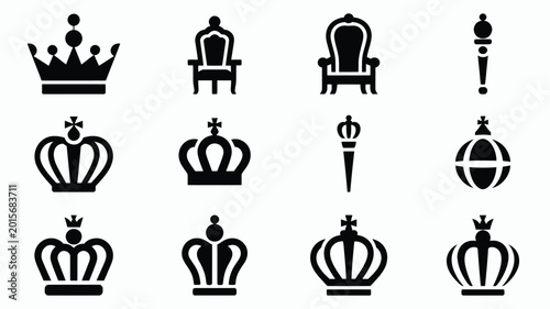 Konstfotografi Collection of royal crowns and throne icons in black silhouette on white backgro