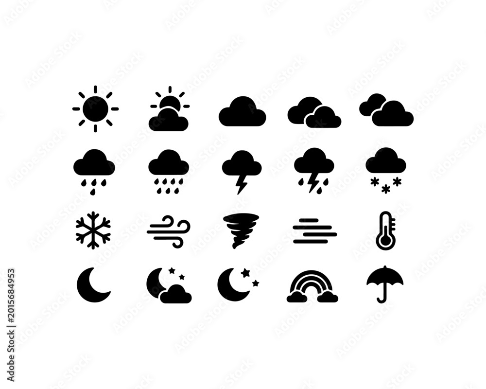 Obraz premium Weather and climate icons: sunny rainy snowy stormy conditions with weather forecast lightning thermometer temperature umbrella snowflake forecast meteorology atmosphere collection