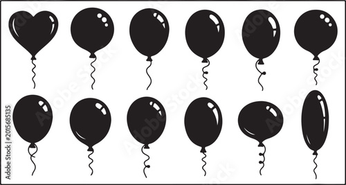 Black balloon silhouette icons set, 12 glossy party balloon vector elements, heart and round shaped balloons with strings for celebration design