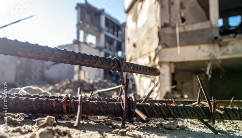 Twisted Rebar in Concrete Rubble Under Harsh Light