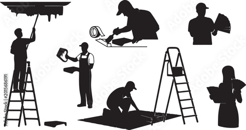 Professional house painter silhouettes, construction worker set with ladder and tools, home renovation and interior decorating vector icons
