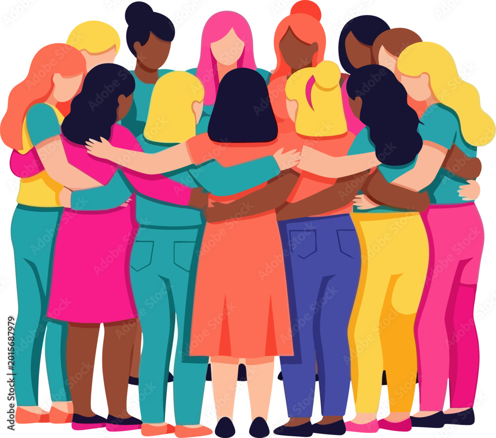 Obraz premium Group of diverse women standing in a supportive circle huddle vector can Editable