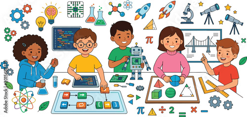 Foto Diverse children engaging in STEM education activities including robotics coding chemistry engineering and mathematics for creative classroom learning and scientific discovery