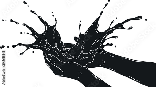 Schilderij op canvas Abstract black liquid splash and human hands with energetic movement on grid background