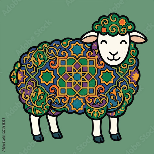 Obraz na płótnie Beautiful vector illustration of cute white sheep with decorative Eid pattern on its body,
