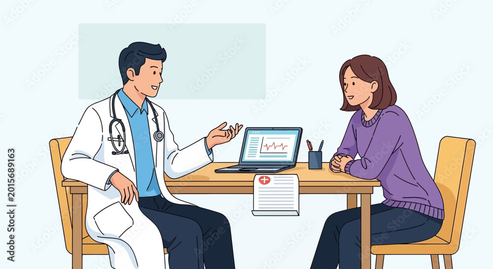 Fototapeta premium Doctor consulting female patient in office with laptop and medical chart