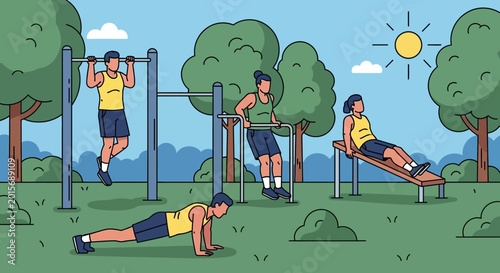 Bild auf Leinwand Outdoor Fitness Park: People Exercising on Calisthenics Equipment in Sunny Park
