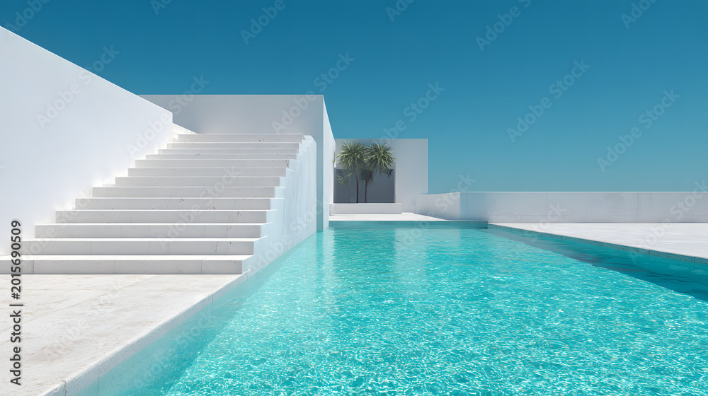 Fototapeta premium Minimalist Modern White Architecture with Crystal Clear Turquoise Swimming Pool and Stairs Under Blue Sky for Luxury Resort and Summer Vacation Concept