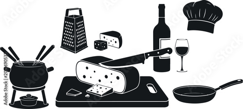 Tableau sur toile Cheese fondue set with grater, wine, chef hat, frying pan, preparing delicious gourmet meal