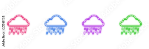 Fotografía Neon glowing rain cloud vector icons set, weather forecast, rainy season, storm, droplets, vibrant colorful digital design illustration on transparent background