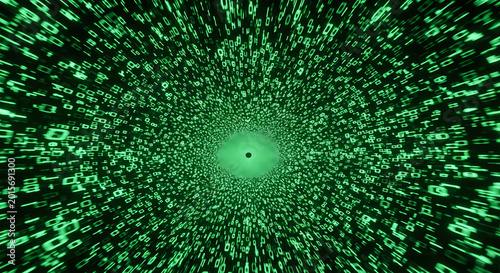 Immerse yourself in a dynamic digital tunnel of glowing green binary code, symbolizing an infinite flow of information, data streams, and the intricate world of cyberspace technology