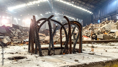 Twisted Rebar Protruding From Concrete Slab Amidst Ruins