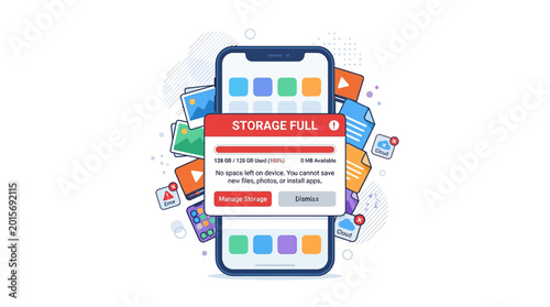 A smartphone displays a storage full message surrounded by various colorful icons and apps in a digital illustration.