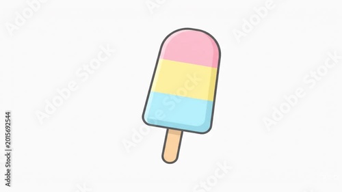A colorful popsicle with three distinct layers of pink, yellow, and blue, presented on a white background.