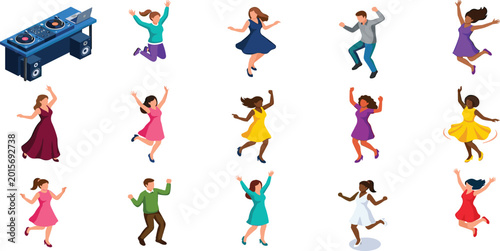 Cuadro en lienzo Isometric Party People Vector Set Featuring Diverse Characters Dancing and Jumpi