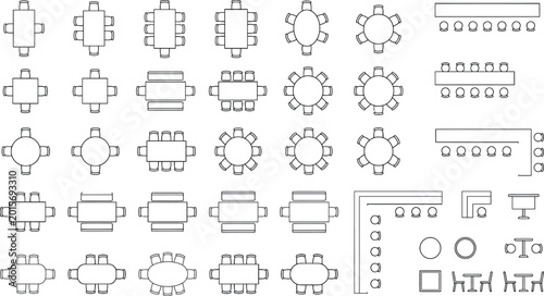 Schilderij op canvas CAD floor plan seating vector set, architectural interior layout symbols with di