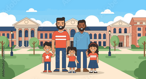 Tableau sur toile Diverse Family at School Entrance: Two Fathers, Two Children Outside University