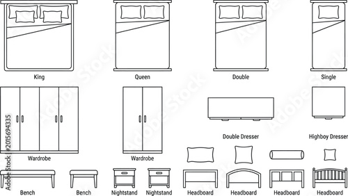 Bild auf Leinwand Bedroom furniture dimension vector chart, bed size technical illustration with K
