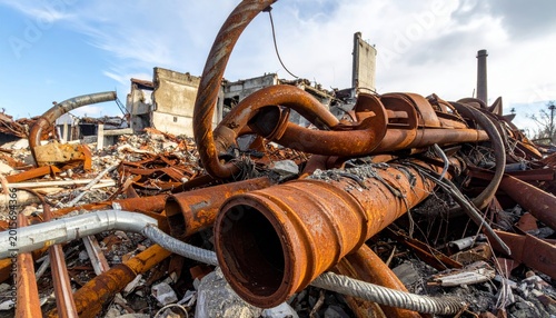 Twisted Rusted Metal Pipes Amidst Urban Rubble