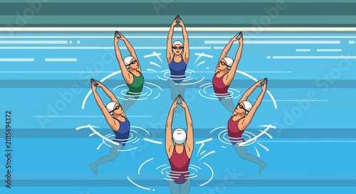 Obraz na płótnie Synchronized Swimming Team Performing Routine in Pool