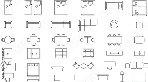 Tableau sur toile Interior furniture CAD vector set, top view floor plan symbols with beds, sofas,