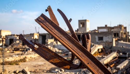 Twisted Rusty Metal Beams in Ruined Building Site