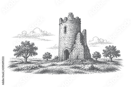 Obraz na płótnie Dramatic vintage engraving vector illustration of a ruined circular stone tower standing alone in a vast open landscape with distant trees