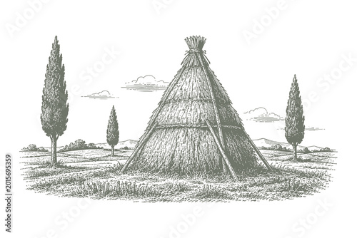 Bild auf Leinwand Minimalist woodcut vector illustration of a rustic straw hut or thatched shelter located in a quiet field with surrounding cypress trees
