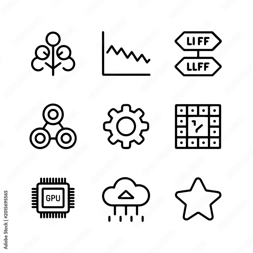 Fototapeta premium Modern technology line icons set, 9 vector symbols for cloud computing and data analysis, GPU processor and artificial intelligence graphics