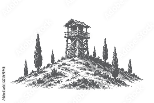 Foto Rustic wooden watchtower on hill landscape vector illustration, vintage engraving style forest lookout tower for outdoor adventure theme