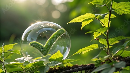 A vibrant green checkmark enclosed within a clear water droplet in nature